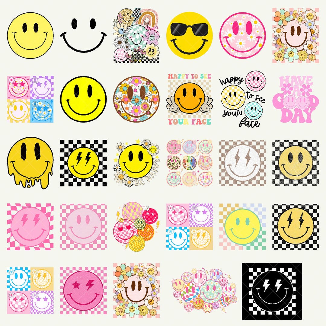 Retro Smiley Face PNG Bundle, Hippie 70s Positive Vibes Happy Face ...
