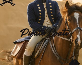 May include: A navy blue jacket with gold buttons, worn over a cream-colored vest, and tan pants. The person is riding a brown horse with a white blaze. The image has the text "Pirate Boats".