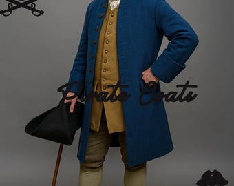 Men’s 18th Century Colonial Frock Coat – Victorian Reenactment Navy Blue Wool Gentleman Trench Coat