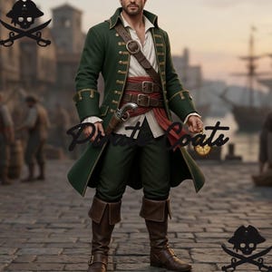 May include: A green pirate coat with gold detailing, worn with dark green trousers and brown boots. The ensemble features a brown leather belt, a red sash, and a white shirt. A pistol is in a holster. The image has the text "Pirate Coats".