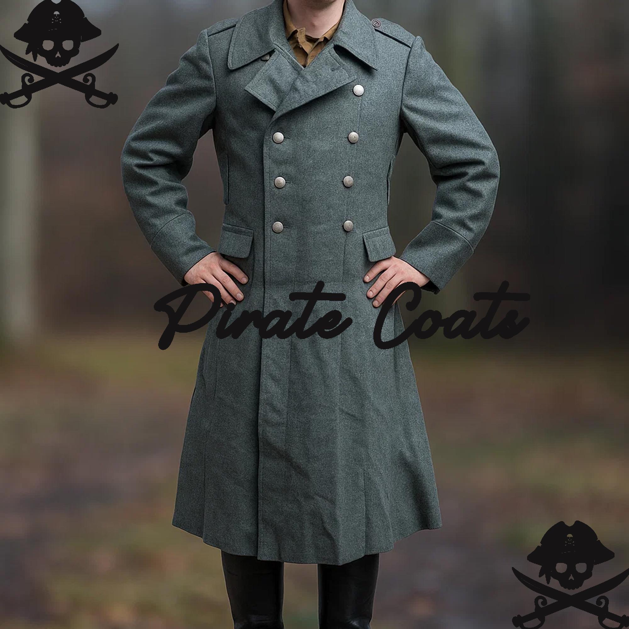 Men's Grey Wool Military Greatcoat, Double-breasted Long Overcoat