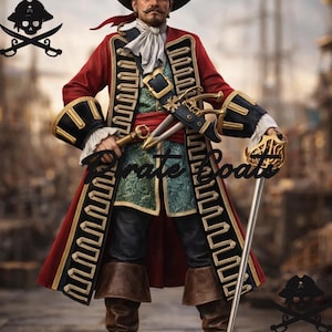Puede incluir: Una figura de pirata con un abrigo rojo con ribetes dorados, sombrero negro y camisa blanca con volantes. El pirata sostiene una espada y un sable decorativo. El texto "Pirate Boats" está en la parte delantera del abrigo. Una calavera y huesos cruzados están en las esquinas.