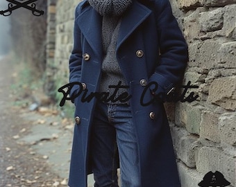 Abrigo de lana azul marino para hombre: frac largo cruzado de estilo Regencia-Victoriano, abrigo de caballero