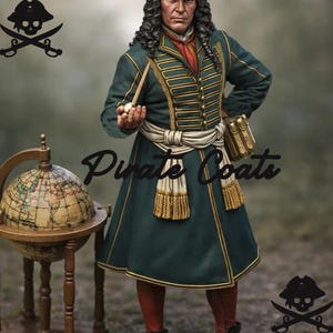 Op de afbeelding: Een beeldje van een man in een donkergroene jas met gouden details, een rode halsdoek en een witte sjerp. Hij staat bij een wereldbol op een houten standaard. De tekst "Pirate Coats" is zichtbaar.