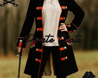 Captain Jack Sparrow Costume : Black Wool Men Pirate Jacket, Hook Cosplay Victorian Costume
