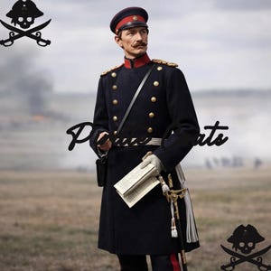 Może przedstawiać: Mężczyzna w granatowym mundurze wojskowym ze złotymi guzikami, czerwono-czarnym kapeluszem i mieczem. Mundur ma wysoki kołnierz i epolety. Mężczyzna trzyma dokument i ma na sobie biały pas. Tło to pole.