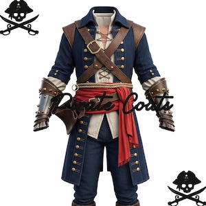 Pirate Hook Frock Coat, Captain Jack Sparrow Caribbean Costume, Buccaneer Navy Blue Wool Outfit
