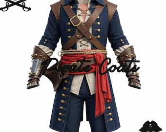 Pirate Hook Frock Coat, Captain Jack Sparrow Caribbean Costume, Buccaneer Navy Blue Wool Outfit