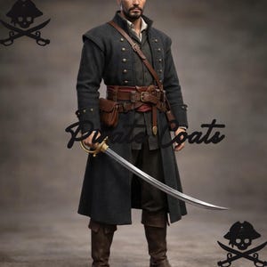 May include: A dark gray pirate coat with gold buttons and a matching sword. The coat has a double-breasted design and is paired with a brown leather belt, pouch, and boots. The text "Pirate Coats" is visible.