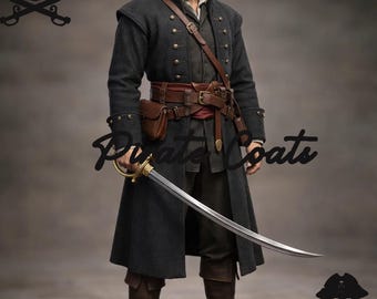 May include: A dark gray pirate coat with gold buttons and a matching sword. The coat has a double-breasted design and is paired with a brown leather belt, pouch, and boots. The text "Pirate Coats" is visible.