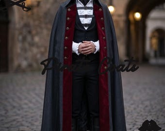 Gothic vampiercape heren: Victoriaanse dracula-mantel, historisch middeleeuwse donkergrijze wollen cape
