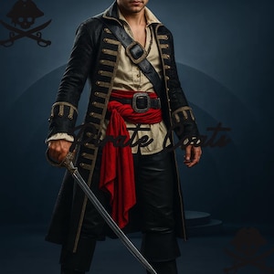 Op de afbeelding: Een zwarte piratenjas met gouden details, gecombineerd met een rode sjerp en een zwarte leren broek. De jas heeft decoratieve knopen en een hoge kraag. Een zwaard wordt vastgehouden. De outfit wordt gecompleteerd met een zwarte leren riem en een beige overhemd.