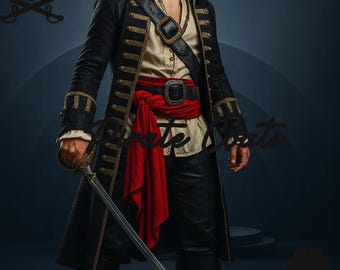 May include: A black pirate coat with gold trim, paired with a red sash and black leather pants. The coat features decorative buttons and a high collar. A sword is held in the hand. The outfit is completed with a black leather belt and a tan shirt.