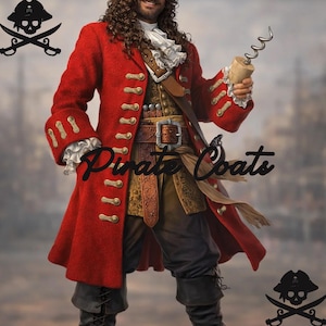 May include: A red pirate coat with gold buttons and cuffs, paired with a brown vest, pants, and boots. The coat has a long, flowing design. The image includes the text "Pirate Coats" and a pirate skull and crossbones logo.