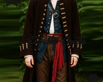 Men's Dark Brown Wool Pirate Captain Coat, Buccaneer Jack Sparrow Dress, Medieval Costume