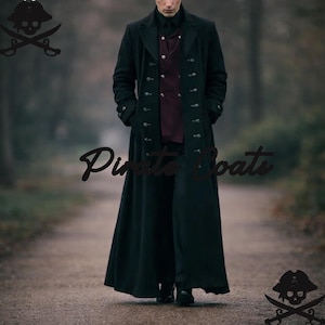 May include: A long, black coat with multiple buttons, worn over a burgundy vest and black shirt. The coat has a tailored fit and reaches the ankles. The image includes the text "Pirate Coats" in a cursive font, along with a skull and crossbones logo.