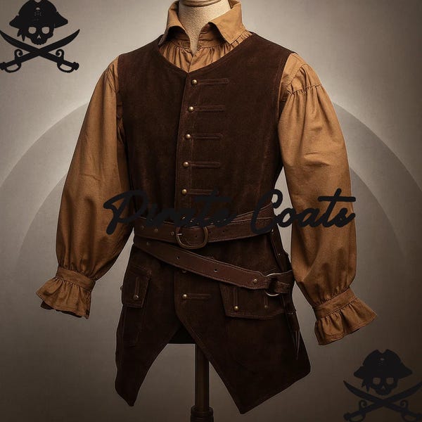 Men's Brown Wool Pirate Waistcoat: Medieval Buccaneer Waistcoat, Caribbean Vest, Halloween Costume