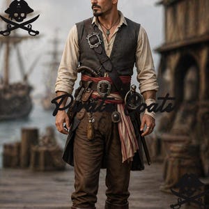 Könnte beinhalten: Eine Person in Piratenkleidung, einschließlich Weste, Hemd und brauner Hose. Ein Schwert und eine Pistole sind sichtbar. Das Bild hat den Text "Pirate Boats" überlagert. Ein Piratenschädel und gekreuzte Knochen befinden sich in den oberen linken und unteren rechten Ecken.