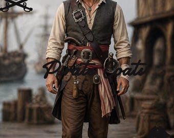Può includere: Una persona vestita con abiti da pirata, tra cui gilet, camicia e pantaloni marroni. Sono visibili una spada e una pistola. L'immagine ha il testo "Pirate Boats" sovrapposto. Un teschio di pirata e ossa incrociate sono negli angoli in alto a sinistra e in basso a destra.