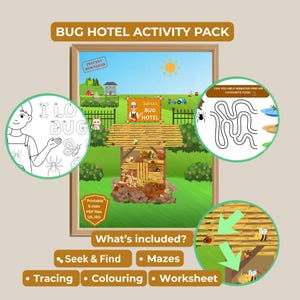 Könnte beinhalten: Ein gerahmtes, druckbares "Bug Hotel Activity Pack". Das Bild zeigt eine Illustration eines Insektenhotels, Labyrinthe, Malvorlagen und eine "Such & Find"-Aktivität. Der Text enthält "Sofort-Download" und "Was ist enthalten?" in einem kinderfreundlichen Design.