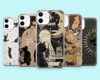 Funda de teléfono Witchy con diseño de gato celestial para iPhone 17, 16, 15, 14, 13, 12, Samsung S25, S24, S23, A56, A16, Pixel 10Pro XL, 9Pro y 8A