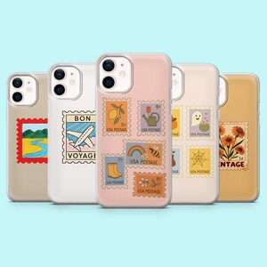 May include: Several phone cases with retro postage stamp designs. The stamps depict a lemon, watering can, rainbow, bee, boots, flowers, and a ghost. The cases are in various colors, including pink, white, and yellow.