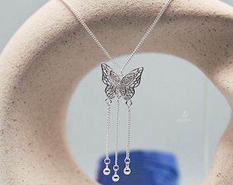 Ingewikkelde dubbellaagse vlinderketting · 999 fijnzilver · Filigraanhanger met kwastje