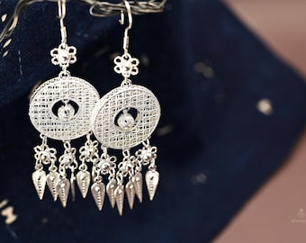 Ingewikkelde filigraan kroonluchteroorbellen · Handgemaakt 999 fijn zilver · Tribal statement-kunstsieraden