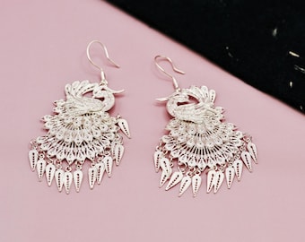 Tweeling feniks filigraanoorbellen · Handgemaakt 999 fijn zilver · Botanische kunstsieraden | Druppel zilver