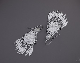 Bloemen filigraan oorbellen met kwastje · Handgemaakt 999 fijnzilver · Sieraden botanische kunst | Druppel zilver
