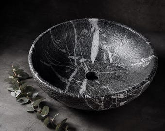 Hand-Carved Ceramic Vessel Sink, Black Marble Art Vanity Basin, 16-Inch Round Bathroom Bowl