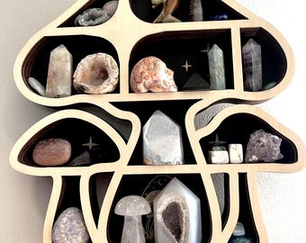 Wooden Mushroom Floating Shelves, Crystal Display Rack, Wall Organizer for Stones and Essential Oils