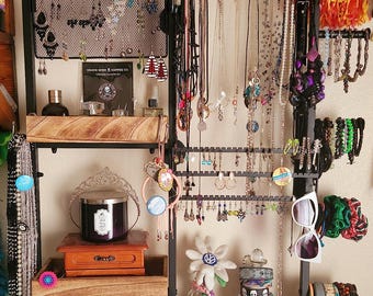 Wood Wall-Mount Jewelry Holder, Hanging Display Rack, Earring Necklace Storage, Bracelet Organizer, Home Decor