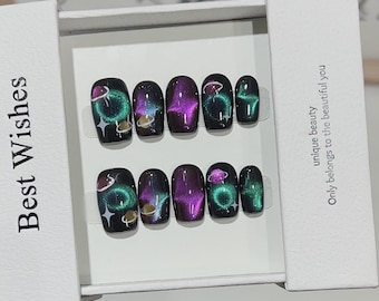 Handgemachte Galaxy Cat Eye Drücken Sie auf die Nägel | Wiederverwendbare Cosmic Nail Art