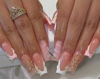 Pink French Press-On Nails | 3D Floral Luxury Fake Nails | Glossy Y2K Acrylic Nail