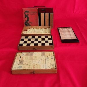 Antique Pung-Chow Mah-Jongg Set  (c.1923–25) — wood chest, pyralin tiles, counters, booklet & score card