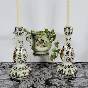 Vintage Polychrome Delft Candlesticks & Vase – Hand Painted Dutch Floral Pottery, Midcentury Holland