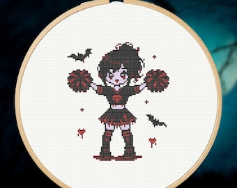 Cheer Girl Vampire Cross Stitch Pattern   - Stitch Gift Idea for Cheerleader and Halloween -Goth Dark Academia Stitch Design