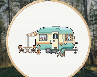 Retro Camping Caravan Cross Stitch Pattern - Camper Decor, Travel Gift - Home is Where You Park It Gift Idea - Travel lifestyle