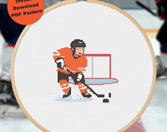 Ice Hockey Player Cross Stitch Pattern - Hockey Gifts for Players and Coaches - Winter Sports Ice Rink Embroidery Design