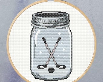 Ice Hockey Themed  Mason Jar Cross Stitch Pattern – Gift for Ice Hockey Lovers -  Man Cave Sports Decor - Digital PDF
