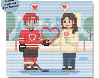 Ice Hockey Romance Handmade Hockey Gift Cross Stitch Pattern Sport Winter Pattern Instant Download
