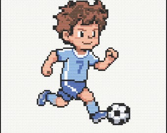 Boy Playing Soccer Cross Stitch Pattern - Play Room Sports Decor for Football Players