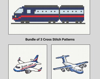 Bullet Train and Airplane Cross Stitch Pattern - Bundle, 3 Transport Themed Designs - Transportation Craft Gift Idea