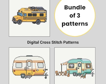 Camping Cross Stitch Pattern Bundle, 3 Travel-Themed Patterns - School Bus Conversion and Caravan Designs - Adventure Stitching Project