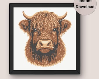 Highland Cross Stitch Pattern, Cow Scottish Highland Hairy, Cross Stitch Pattern PDF, Digital Download Designs
