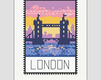 London Stamp Cross Stitch Pattern - England Postage Stamp Hand Embroidery Design - (PDF Download)