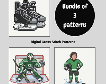 Girl Ice Hockey Cross Stitch Pattern Bundle of 3 - Ice Skating and Hockey-Themed Spaces - Wintersport Lovers Hand Embroidery Stitch Design