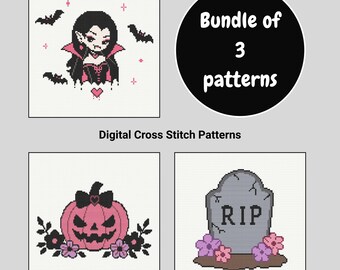 Goth Vampire Girl, Floral Tombstone and Gothic Coquette Pumpkin Cross Stitch Patterns - Girly Halloween Gift - Bundle of 3  Designs
