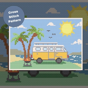May include: Cross stitch pattern featuring a yellow and white camper van parked on a grassy beach with palm trees, a grill, and a bright yellow sun. The text "Cross Stitch Pattern" is in a blue circle in the upper left corner.